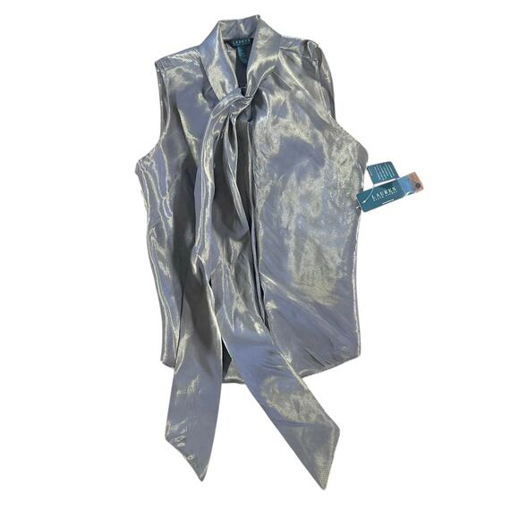 Lauren Ralph Lauren Metallic Gold Tie Neck Sleeveless Blouse Large NWT - Picture 8 of 11